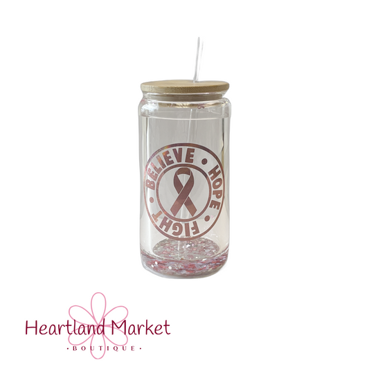 Breast Cancer -Glass Can Snow Globe Tumbler