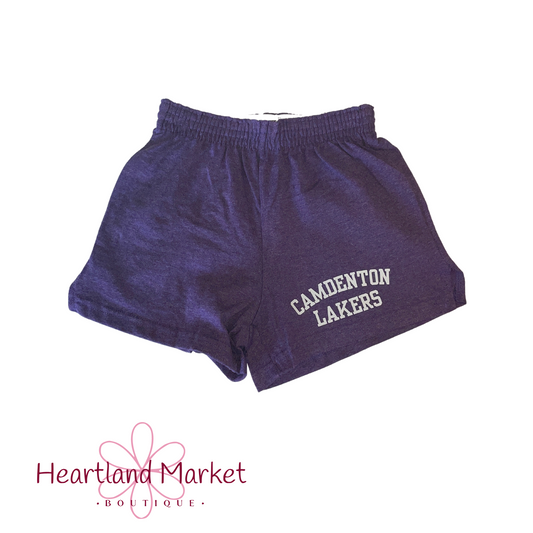 Purple soffee shorts with white text "Camdenton Lakers" in retro sports style. 
