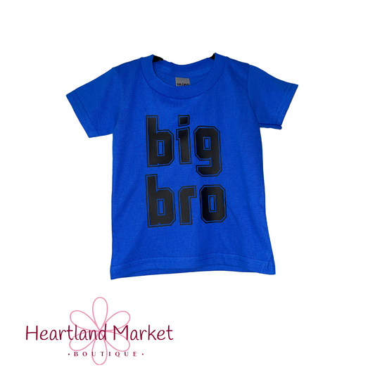 Royal blue toddler t-shirt with the words "big bro" in black lettering in an atheltic gamer style.