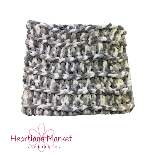 Gray and White Crocheted Chunky Blanket