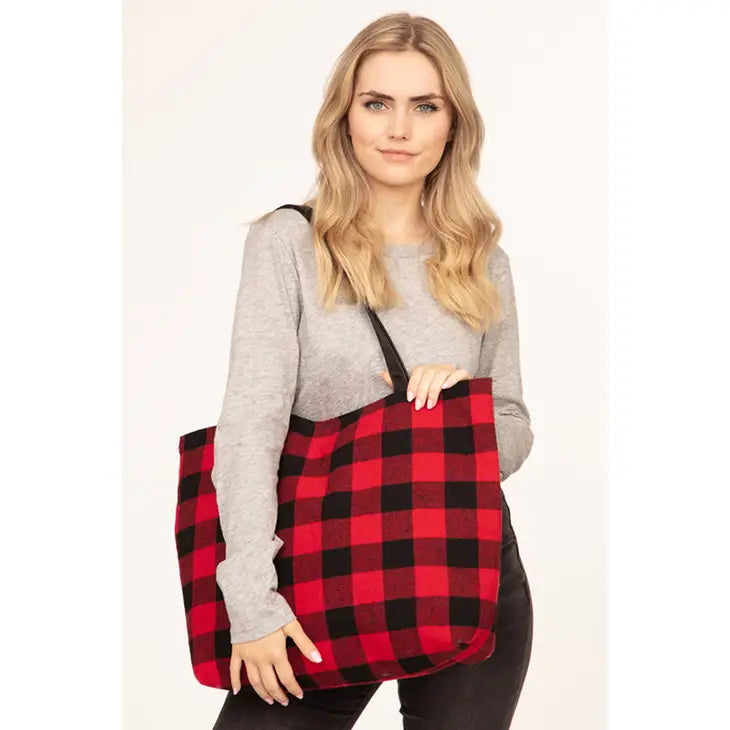 Buffalo Plaid Fleece Zippered Tote