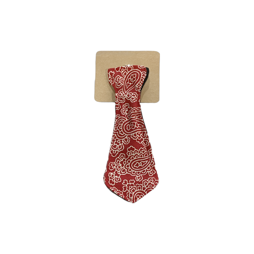 Red base color with white paisley pattern on a baby clip on tie. 